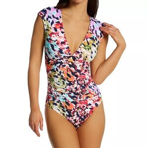 BLEU Rod Beattie Party Animal Swimsuit One Piece Multi Color Tummy Control Sz 10